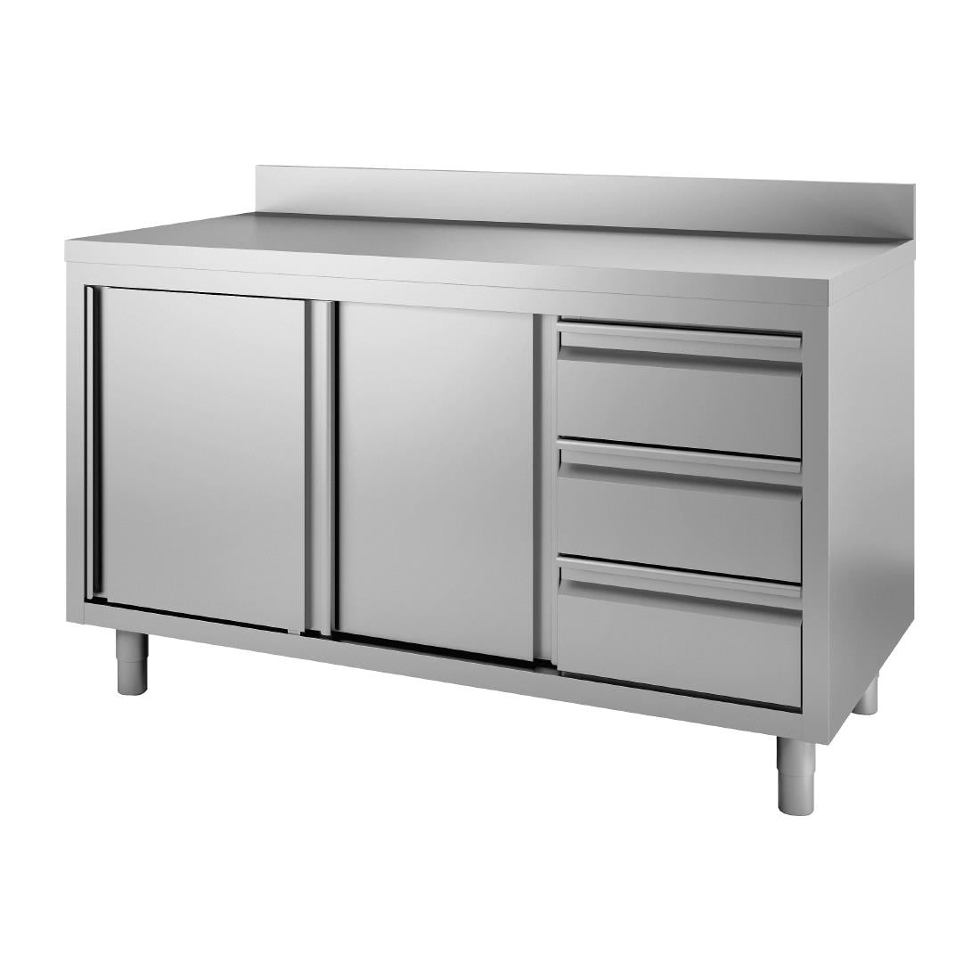 Table armoire inox avec dosseret 3 tiroirs à droite et portes coulissantes Gastro M 850/900x1800x700mm DS444