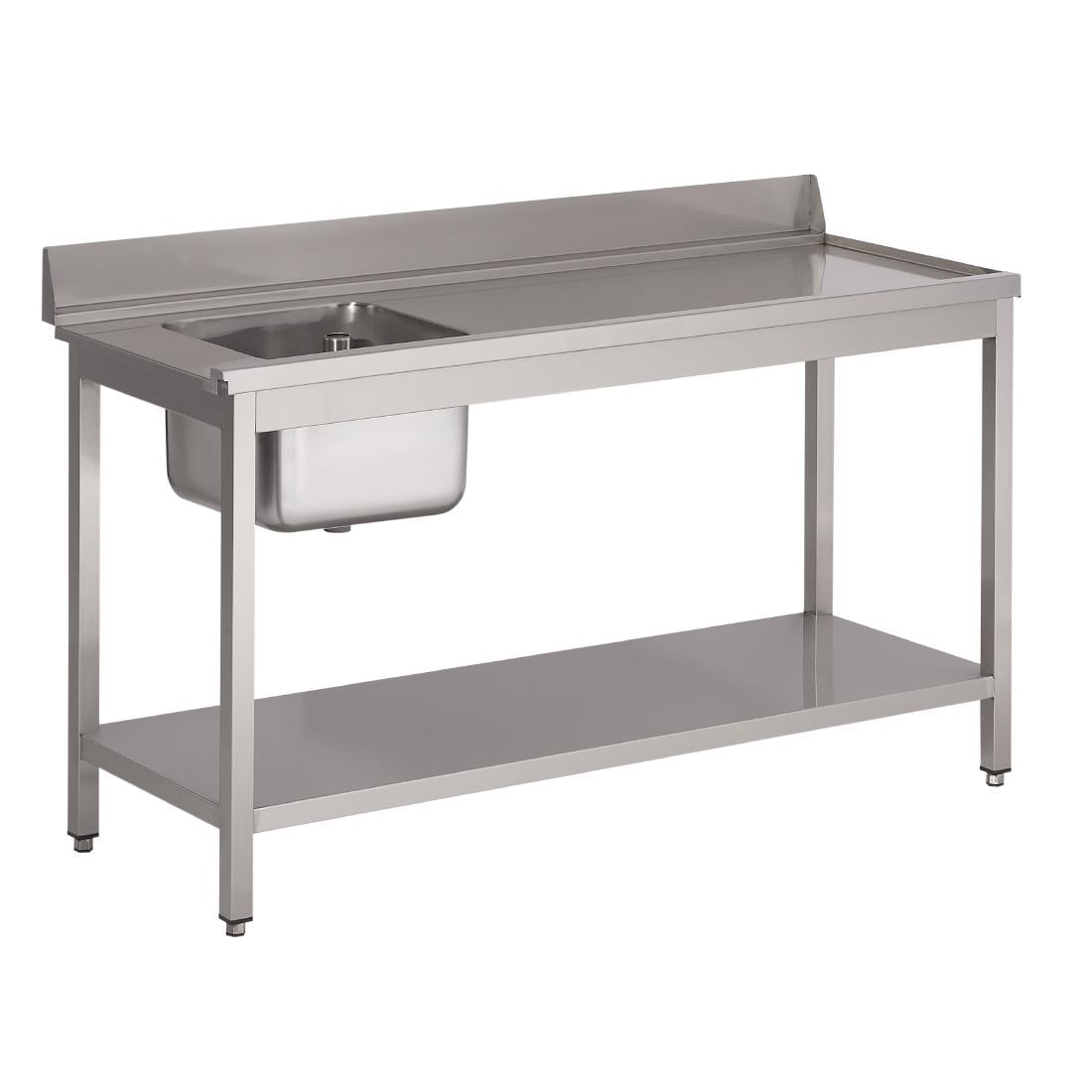 Table d'entrée lave-vaisselle inox avec bac à gauche dosseret et tablette inférieure Gastro M 850x1400x700mm DS462
