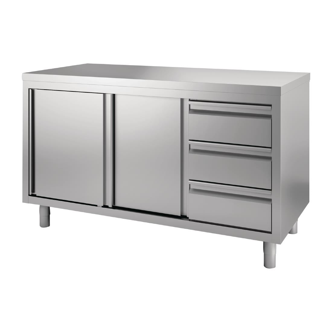Table armoire inox avec portes coulissantes et 3 tiroirs à droite Gastro M 1500 x 700 x 850/900mm GN164