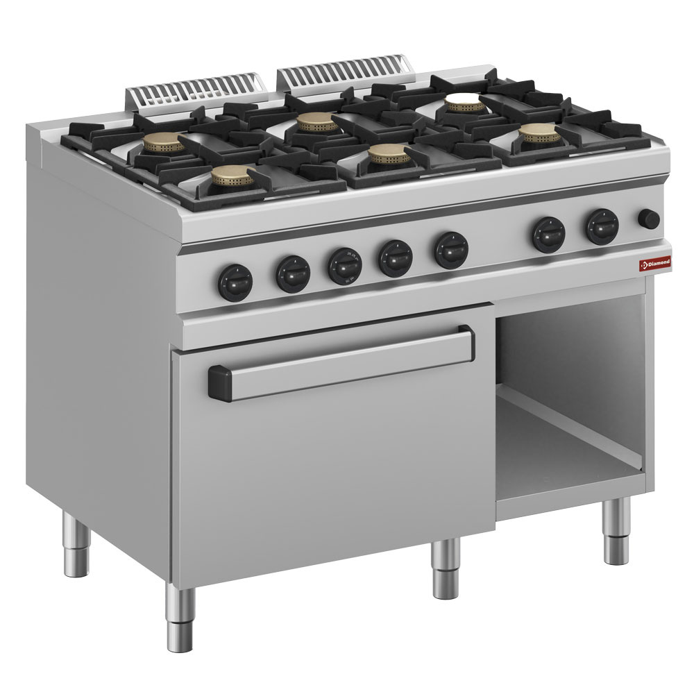 Cuisinière à gaz 6 brûleurs, four à gaz GN 2/1 et placard DIAMOND C6GFA11-BF