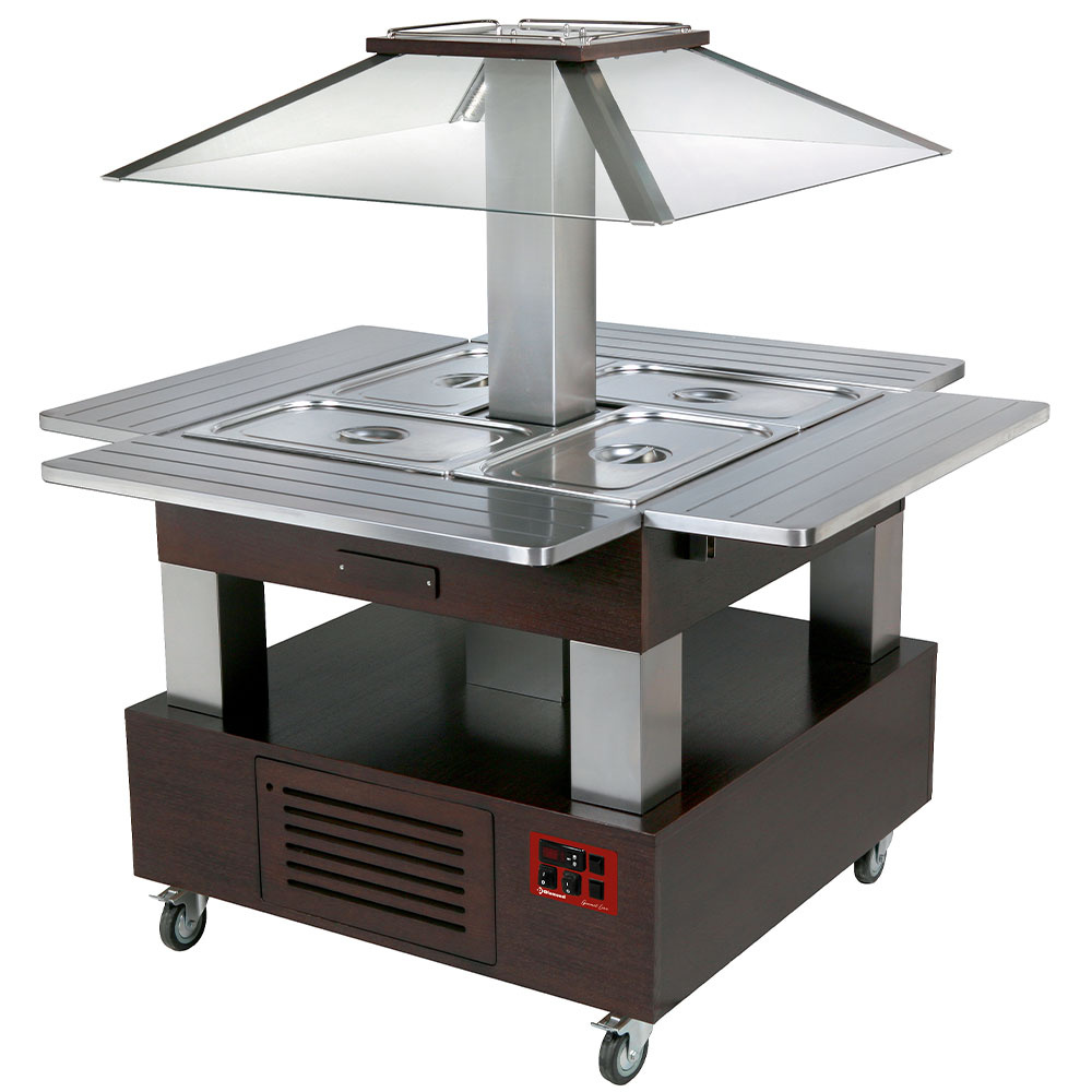 Îlot bain-marie buffet chaud, coupole motorisé 4x GN1/1-150 (bois de wengé) DIAMOND CBM/4D-B1_KM