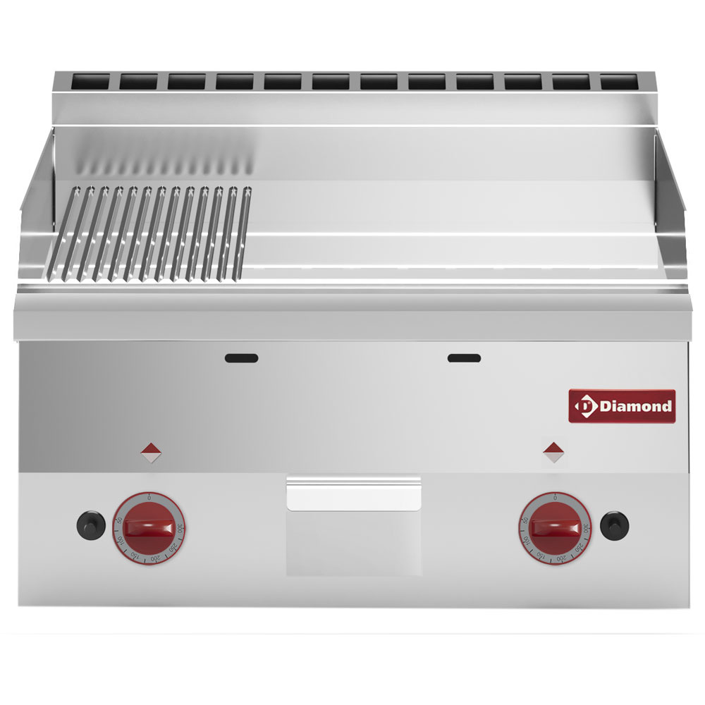 Plaque de cuisson à gaz, 2/3 lisse et 1/3 striée « chrome » -Dessus- DIAMOND G60/PMCD6T-N