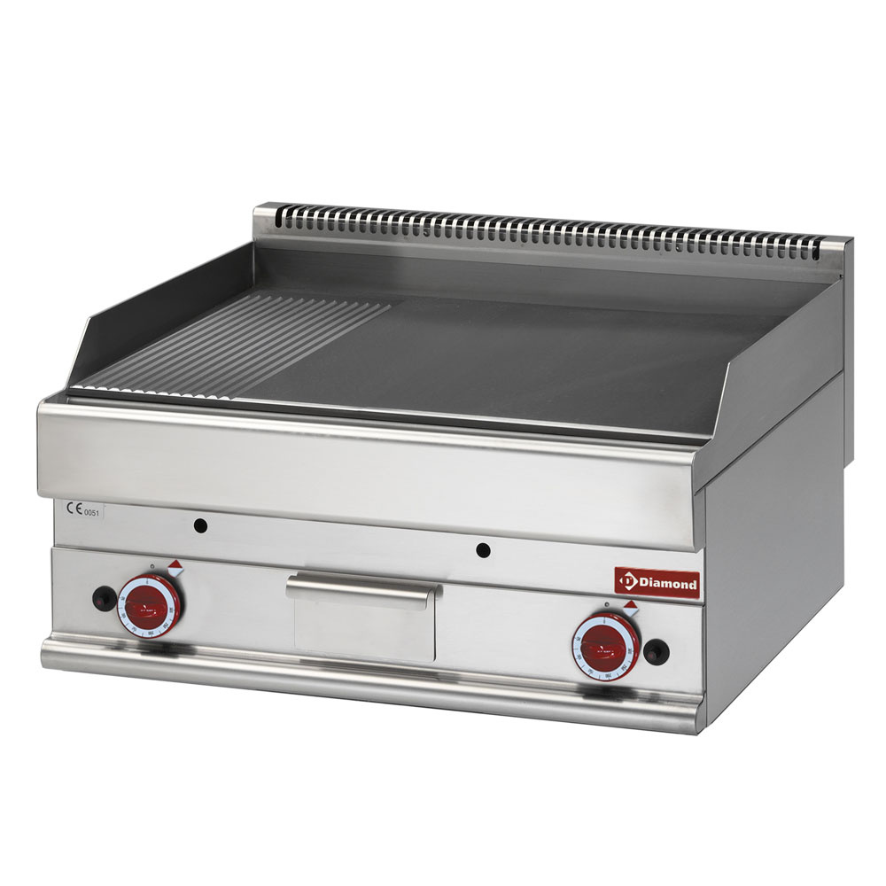 Plaque de cuisson à gaz 2/3 lisse et 1/3 rainurée -Dessus- DIAMOND G65/PM7T