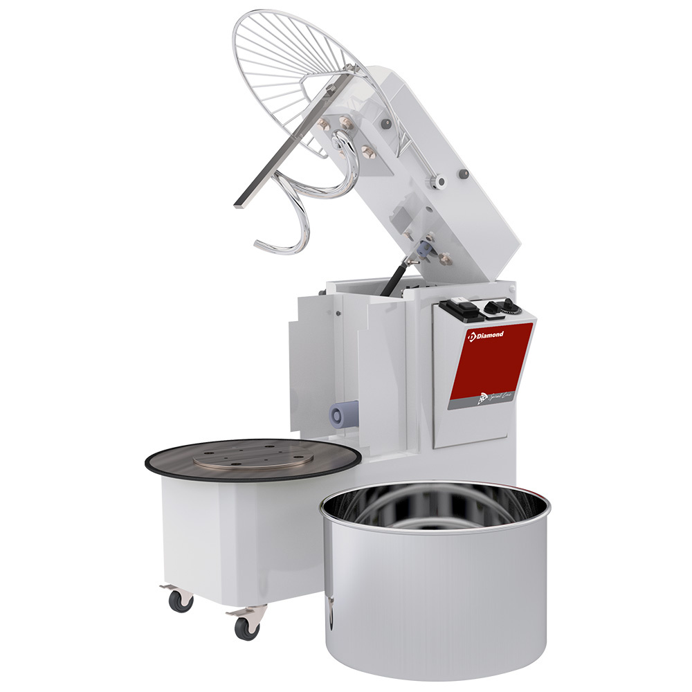 Pétrisseur à spirale 33 litres, tête inclinable, cuve amovible, 2 vitesses, minuterie, sur roulettes DIAMOND NT33AL/T2V-230/3-