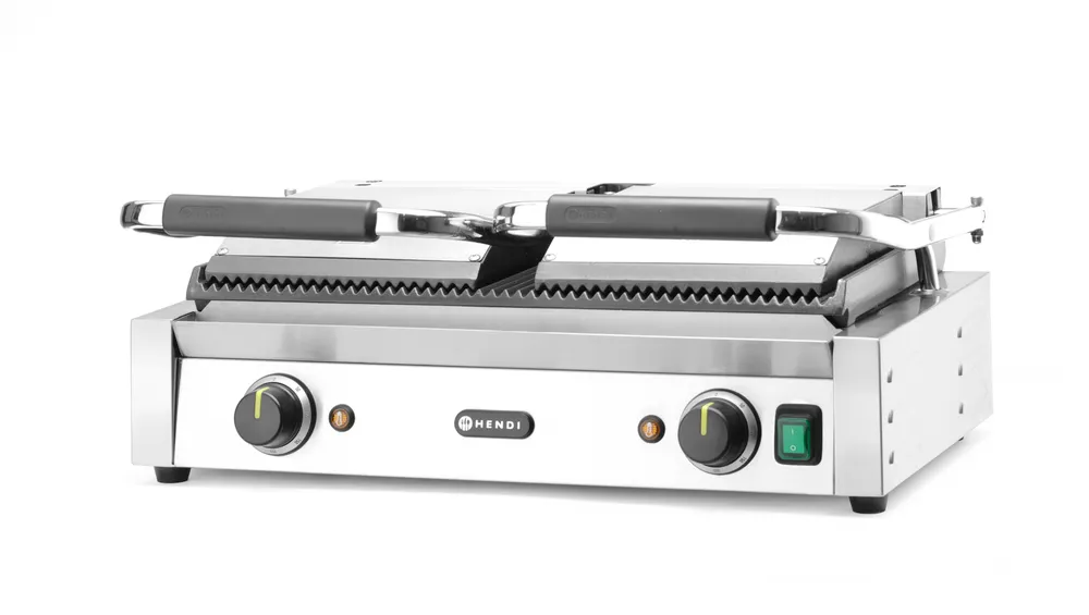 Grill de contact - modèle double, HENDI, dessus et dessous rainurés, 230V/3600W, 570x395x(H)510mm