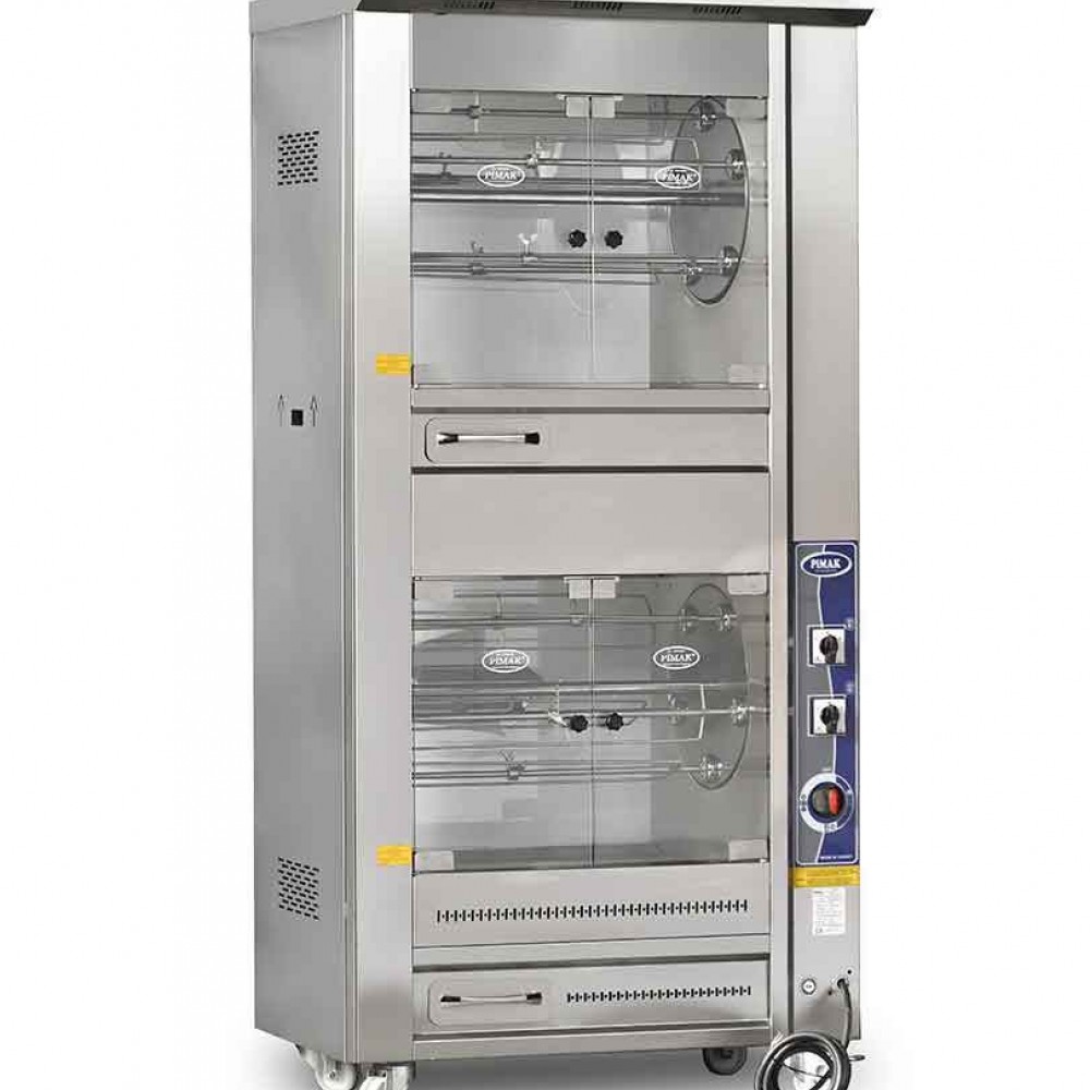 Rôtissoire 2 étages de cuisson à tambour 5+5 broches / 25+25 poulets à GAZ - PIMAK -  PI4/M009B