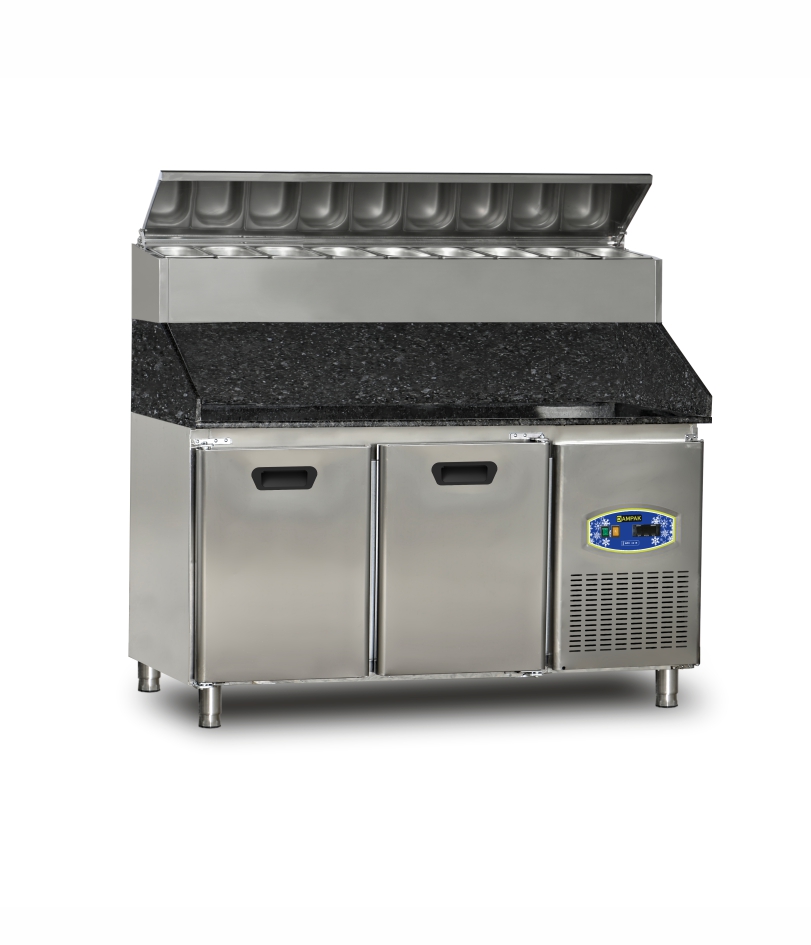 Table de préparation/ 2 Portes - saladette 9 x GN1/4 intégré  avec plan de travail en granit - DAMPAK - 22TBF2S-PY70-GR