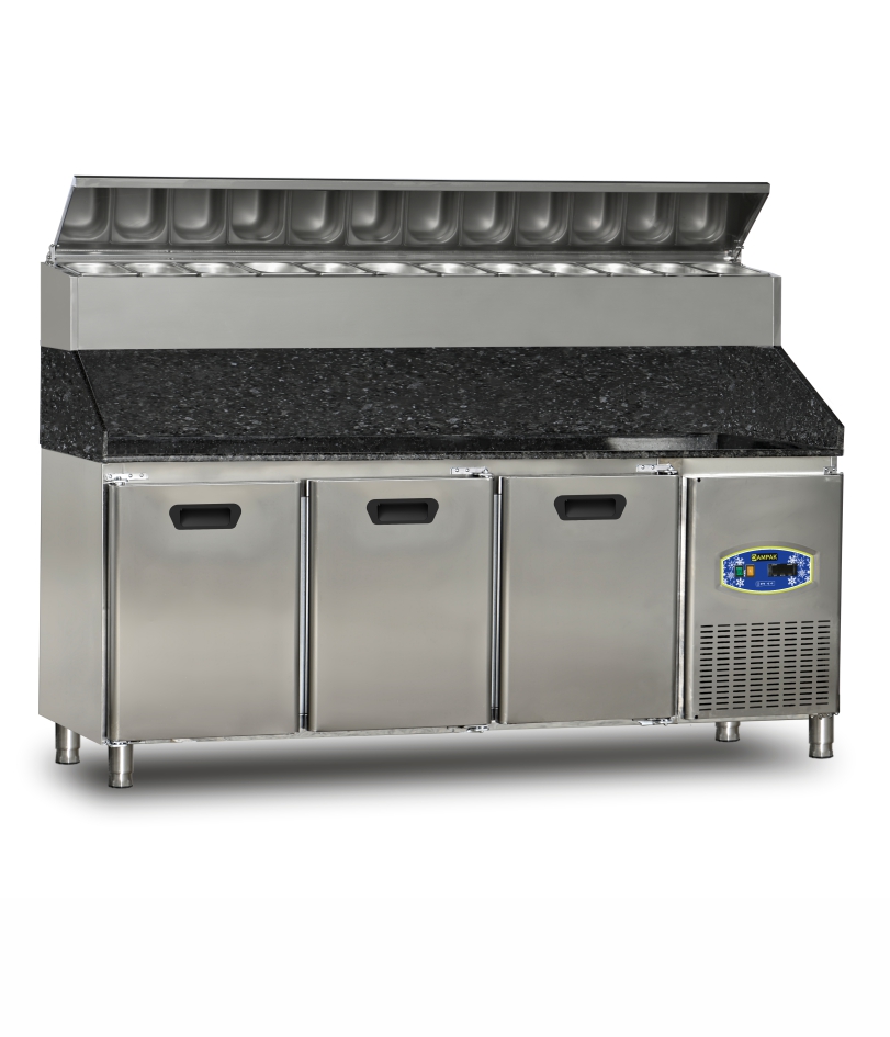 Table de préparation/ 3 Portes - saladette 12 x GN1/4 intégré  avec plan de travail en granit - DAMPAK - 22TBF3S-PY70-GR