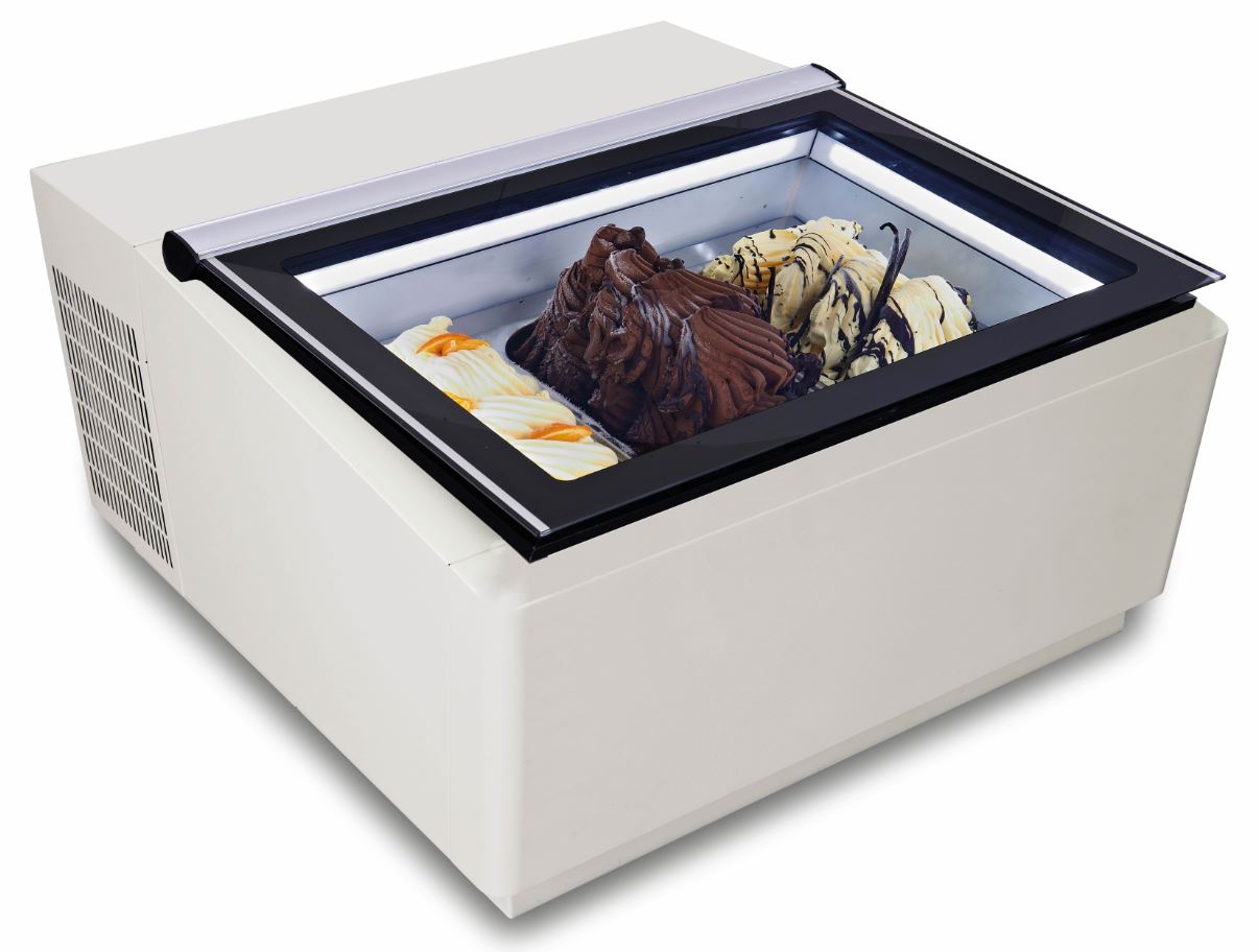 MODÈLE DE TABLE VITRINE À CREME GLACÉE BLANC  S'OUVRE DU CÔTÉ CLIENT COMBISTEEL 7292.0015