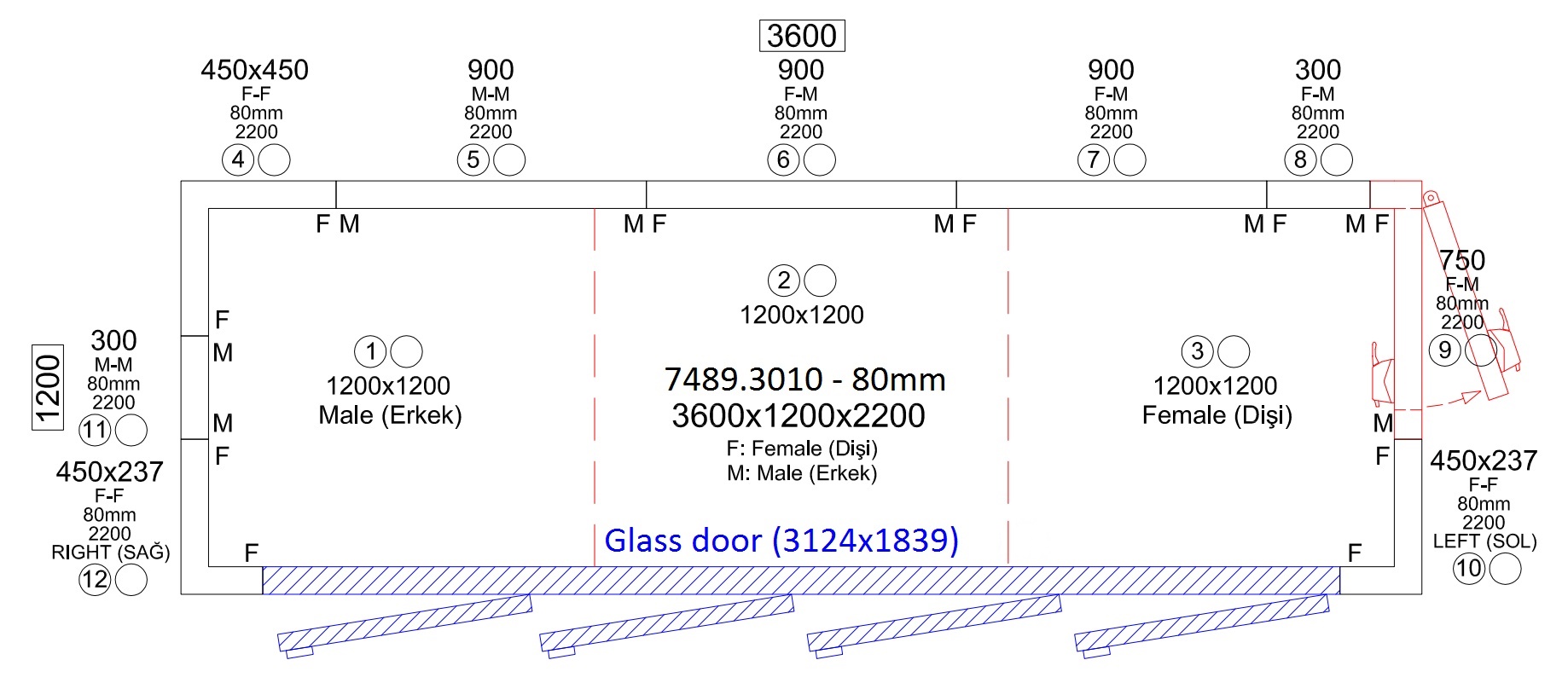 CHAMBRE FROIDE POSITIVE 3600x1200x2200 4 PORTES EN VERRE  COMBISTEEL 7489.3010