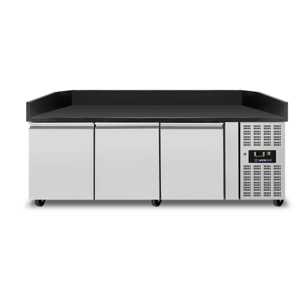Tables réfrigérées pour pizzas | Comptoir à pizzas 3 portes – Granit noir – 202 x 80 x 100 cm