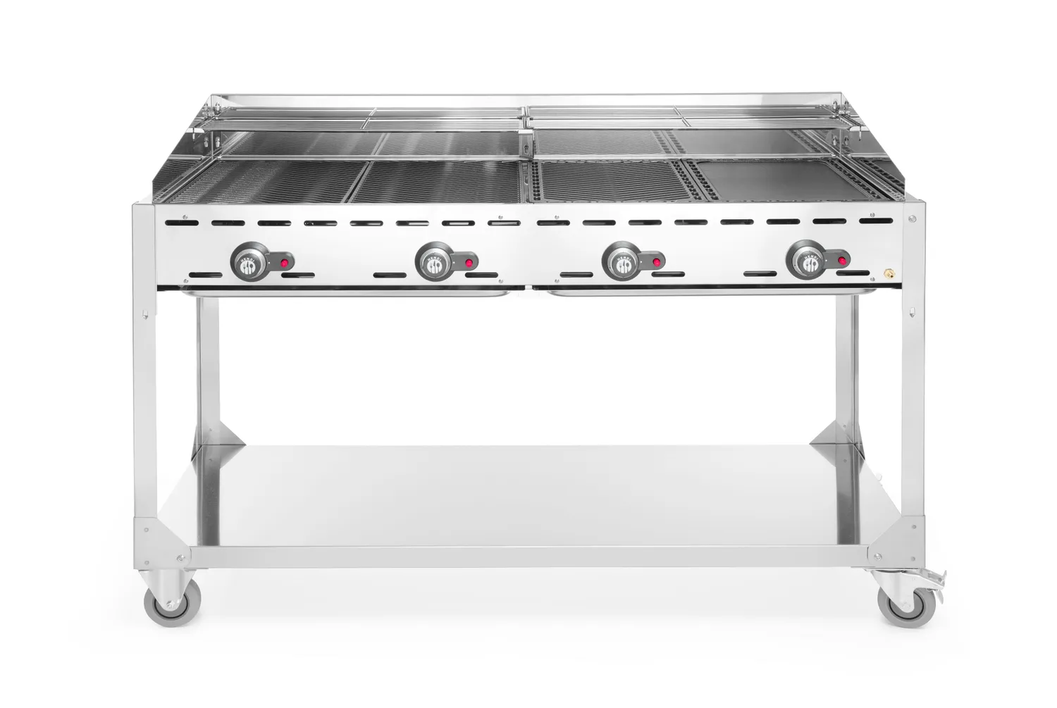 Barbecue Green Fire avec 4 brûleurs, HENDI, Profi Line, sur support avec roulettes, Gris clair, 22kW, 1400x612x(H)825mm