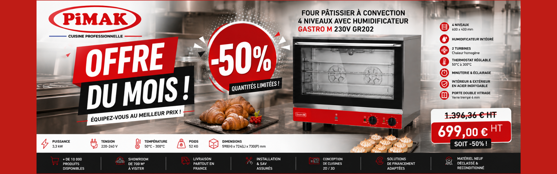 Four pâtissier à convection 4 niveaux avec humidificateur Gastro M 230V GR202